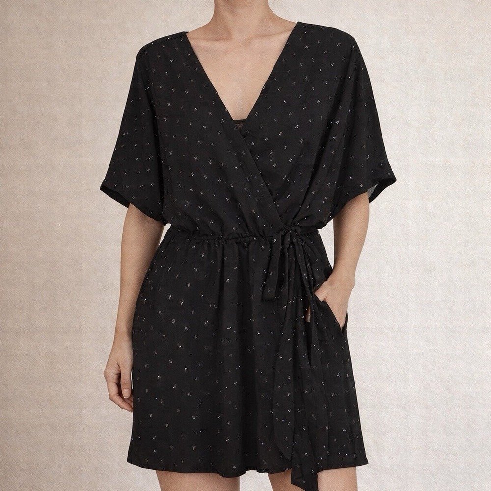 Express Black Sheer Wrap Dress S Dot Clip Jacquard Tie Waist V-Neck Women's